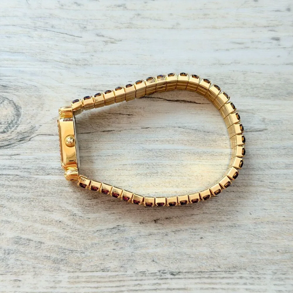 Vintage Vernier Purple Rhinestone Gold Bracelet Watch Y2K Glam Crystal Jewelry